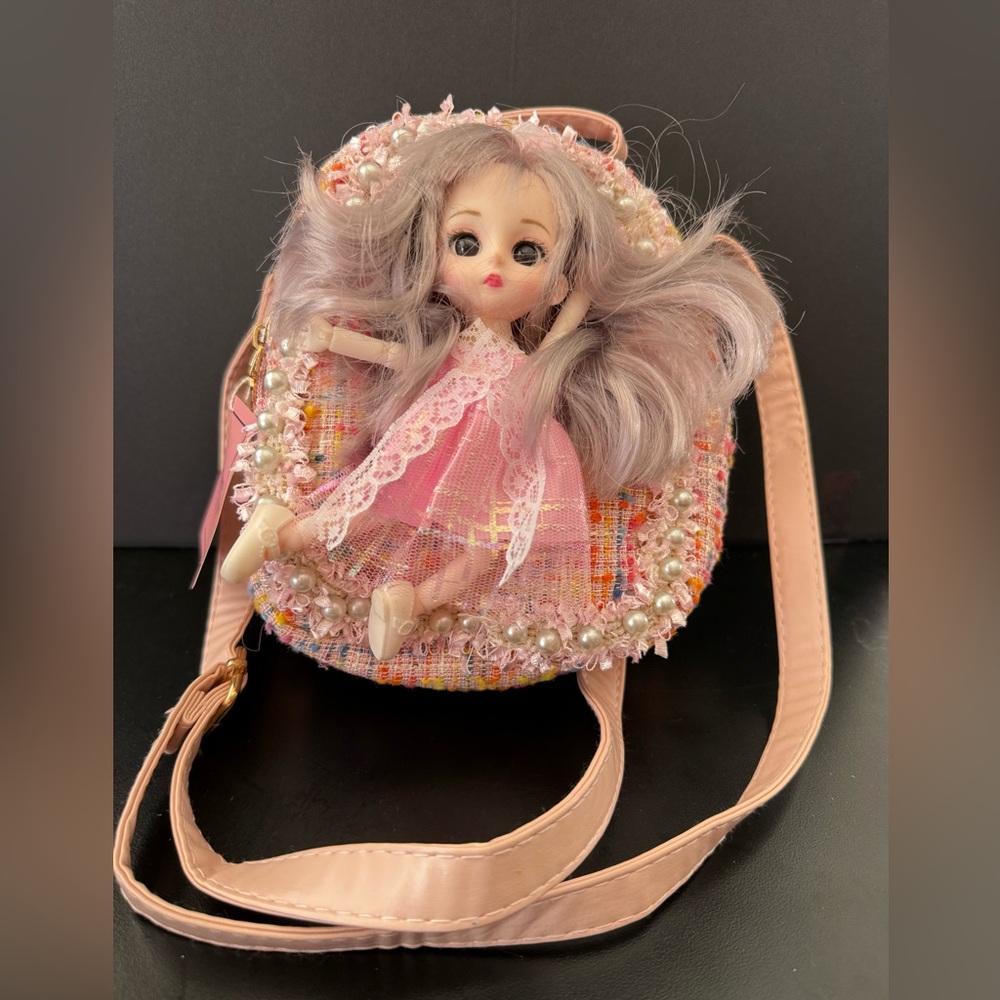 New Girl’s Cute Doll Shoulder Bag Pink Crossbody Purse with Plush Doll